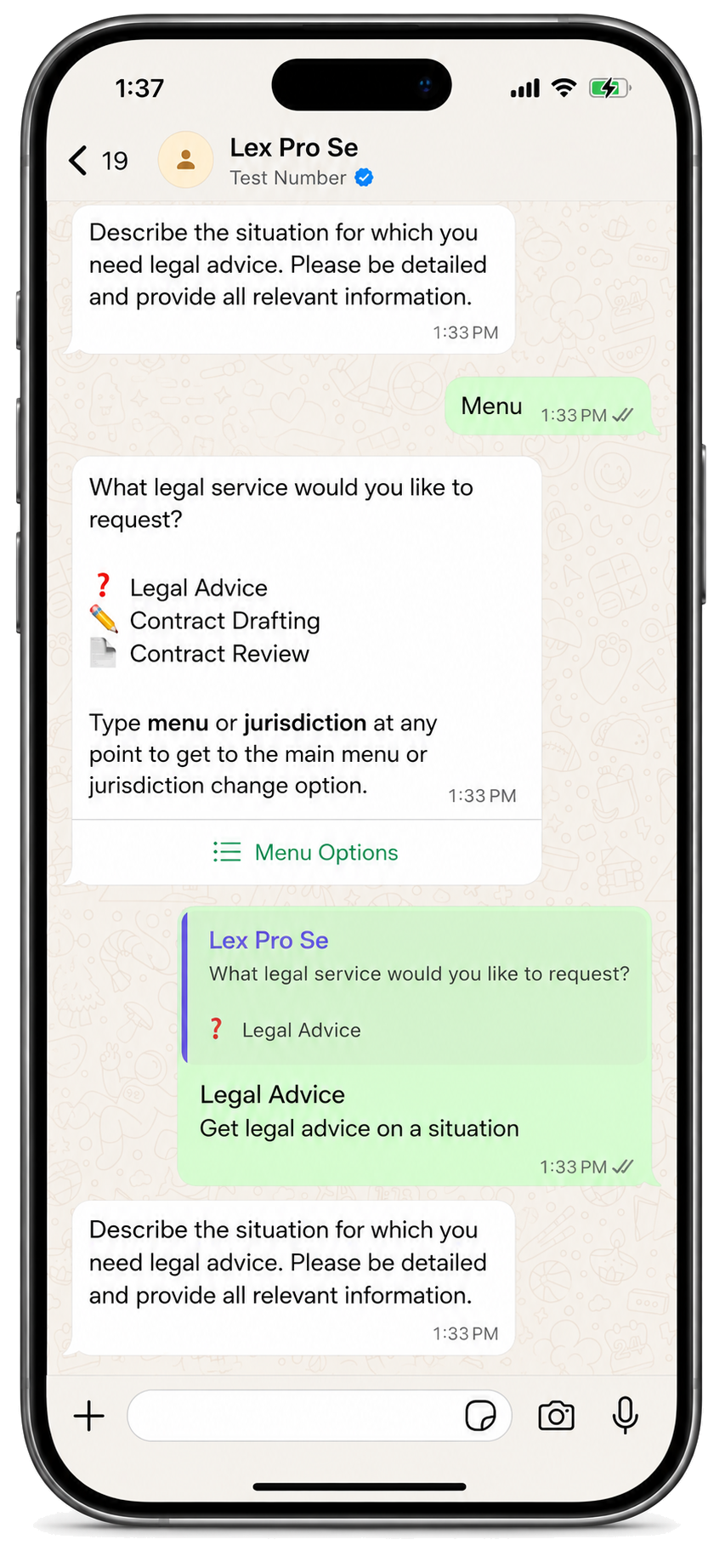Lex Pro Se WhatsApp conversation on a phone